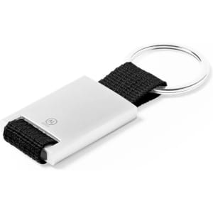 A silver keyring with a black fabric strap and a circular metal ring. It features a branding logo.
