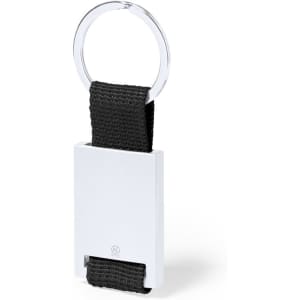 A white keyring with a black fabric strap and a metal ring for attaching to keys. Includes a logo on the product.