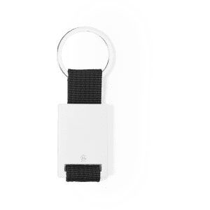 A keyring featuring a black strap and a silver rectangular metal attachment, complete with a circular keyring.