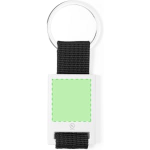 A green square keyring attached to a black fabric strap, featuring a metal keyring loop.