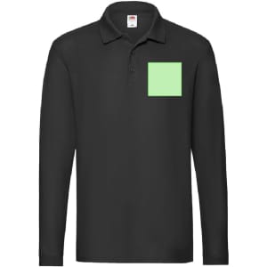A black long sleeve adult polo shirt featuring a green square on the front and a logo on the chest.