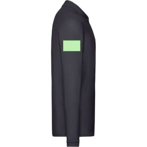 A navy long sleeve adult polo shirt featuring a light green logo or branding on the sleeve.