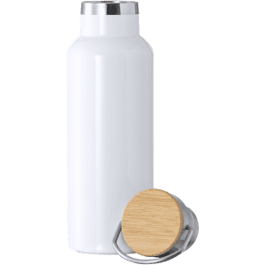 A drink bottle in white with a wooden and silver screw-top lid, featuring a logo.