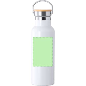 A drink bottle in white with a stainless steel top and wooden lid, featuring a blank green label area.