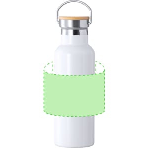 A drink bottle in white with a metal cap and wooden accents, featuring a branding space on the body.