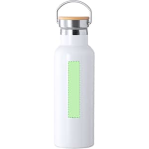 A drink bottle in white, featuring a stainless steel top and a wooden cap, with a green blank space for customisation.