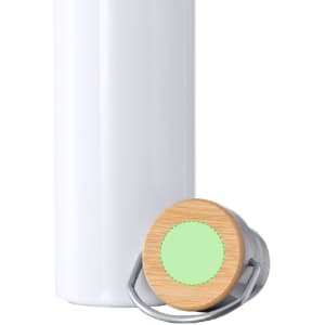A drink bottle in white with a wooden top, featuring a circular design element and a metal base.