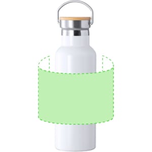 A drink bottle in white with a silver lid and wooden handle, featuring a blank green label for branding.
