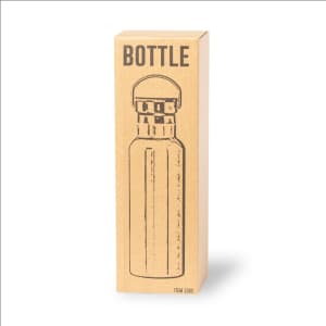 A drink bottle in a cardboard packaging with a simple design, featuring a logo and a screw-top lid.