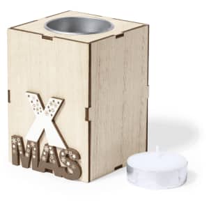 A wooden candle holder with a festive design, featuring a tea light candle. The colours are light wood and white.