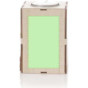 A wooden aromatic candle holder with a light green panel and a space for a candle on the top.
