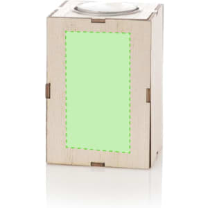 A wooden box with a green label area and a round top opening, likely for an aromatic candle.