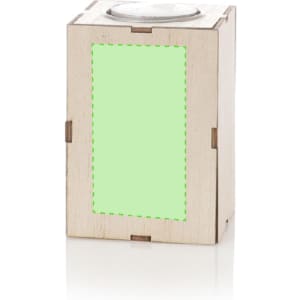 A wooden box with a light green panel, designed to hold the Jorin Aromatic Candle. Features branding on the box.