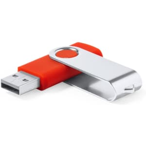 An 8GB USB memory device in red and silver, featuring a swivel cover and a branding logo.