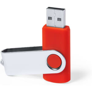 A red USB flash drive with a metallic swivel cover, featuring a small circular button.