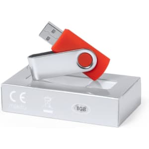 A silver USB flash drive with a red swivel cover, positioned on a white box displaying "8GB."