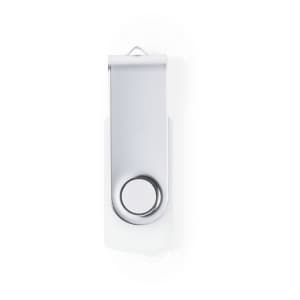 A silver and white USB memory stick with a swivel cover and a circular button. It features a logo on the side.