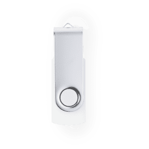 A silver USB flash drive with a swivel design and a circular button, featuring a logo.