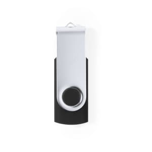 A black and silver USB flash drive with a swivel design and a logo on the surface.