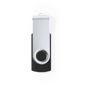 A black and silver USB flash drive with a swivel design. It features a loop for attaching to keychains.