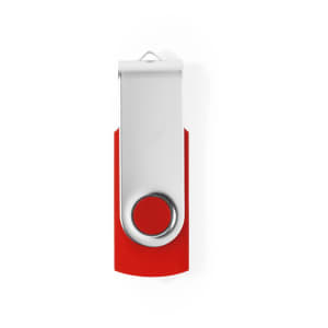 A red and silver USB memory drive with a swivel cover and a keyring attachment.