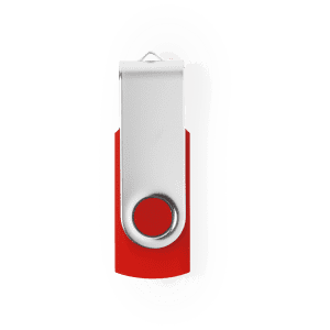 A red and silver USB memory stick with a swivel design and a loop for attachment.
