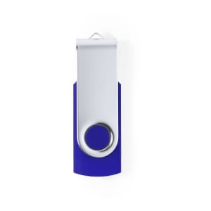 A blue and silver 8GB USB flash drive with a swivel design and a small loop for attachment.