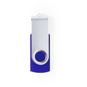 A blue and silver USB flash drive with a swivel design and a circular hole for attachment.