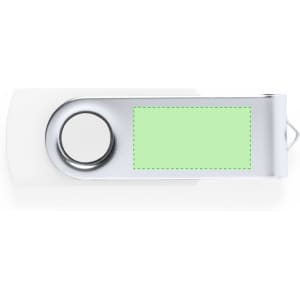 A white and silver USB flash drive with a swivel design and a green section for customisation. Features a logo.