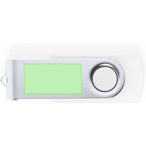 A green and silver USB memory drive with a swivel design, featuring a circular attachment point.