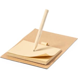 A notepad with cream-coloured sheets and a wooden pencil, presented on a brown cardboard base, with a holder.