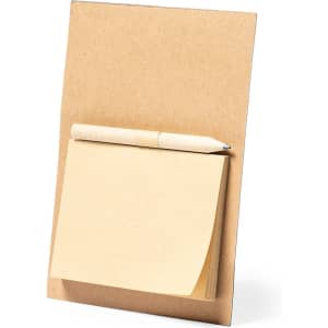 A brown notepad holder with a pen and a stack of yellow sticky notes. The holder features a simple design.