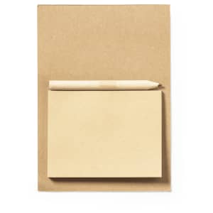 A notepad with a kraft paper design and a matching pencil placed on top.