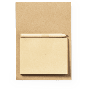 A brown kraft notepad with a sticky note and a pencil placed on top, featuring a simple, natural design.