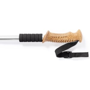 A walking pole with a cork grip, black rubber sections, and a black strap for added support.