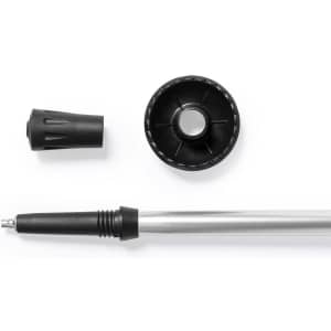 A silver walking pole with a black rubber tip and a detachable circular base. It features a textured grip.