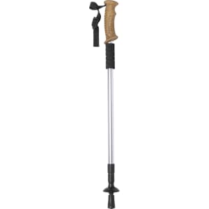 A silver walking pole with a textured cork handle and a black grip, featuring an adjustable strap.