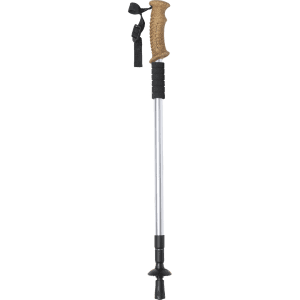 A silver walking pole with a cork grip and black rubber accents, featuring an adjustable tip and strap.