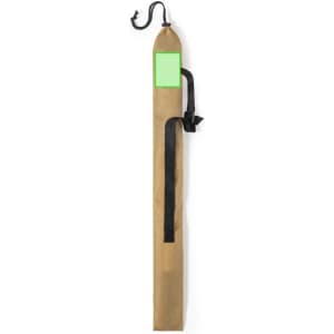 A long, khaki walking pole with a black strap and a hanging loop at the top, featuring a branded tag.