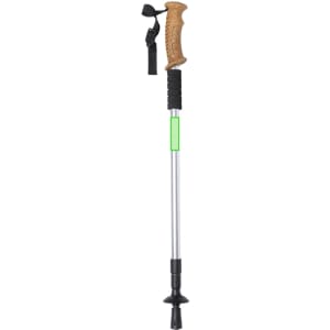 A walking pole with a wooden grip, black handle, and green accent, featuring adjustable height and a rubber tip.