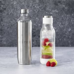 A drink bottle set featuring a stainless steel design and a clear bottle with fruit infuser, displaying raspberries and lime.