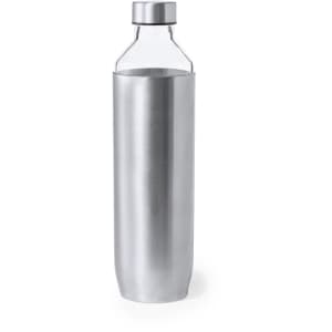 A drink bottle with a transparent body and a silver stainless steel sleeve, featuring a fitted cap and a sleek design.