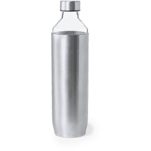 A drink bottle with a sleek stainless steel design and a transparent top. It features a logo.