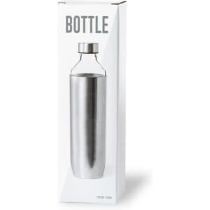 A drink bottle in silver, displayed in a box with a clear view of its sleek design and cap. It features branding on the packaging.