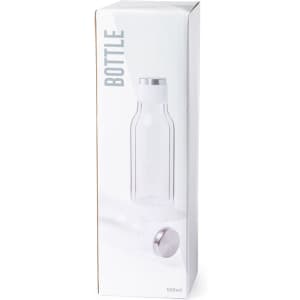 A drink bottle in a clear design, featuring a silver lid, packaged in a white box.