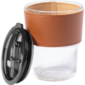 A clear plastic cup with a brown leather sleeve and a black lid, designed for beverages.