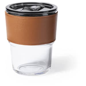 A transparent cup with a brown leather sleeve and a black lid, suitable for various beverages.