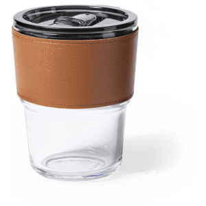 A drink tumbler featuring a clear glass base and a brown leather sleeve, with a dark lid.