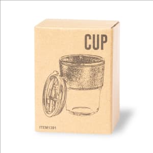 A plastic cup with a lid, displayed in a cardboard packaging featuring a simple sketch design.