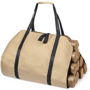 A tan log carrier bag with black straps, filled with logs for transporting wood. It includes branding elements.